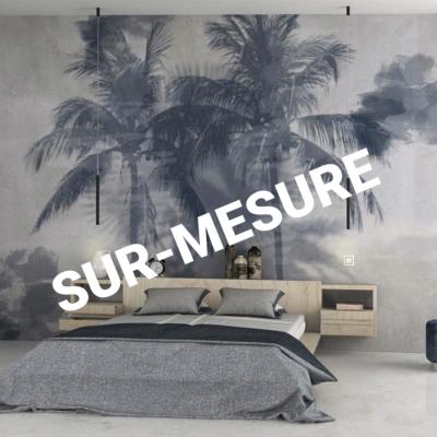 Papier peint panoramique palmiers bleu et gris Nara SUR-MESURE