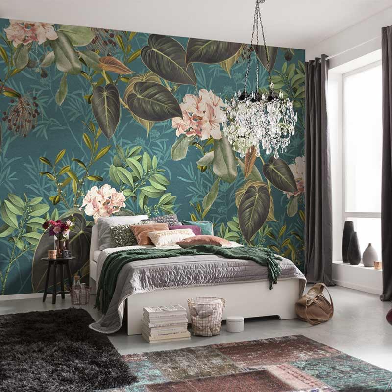 Papier peint panoramique fleurs chambre, tapisserie tête de lit
